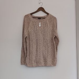 New Talbots Neutral Marled‎ Sand Brown Cable Knit Crew Sweater Cotton XL